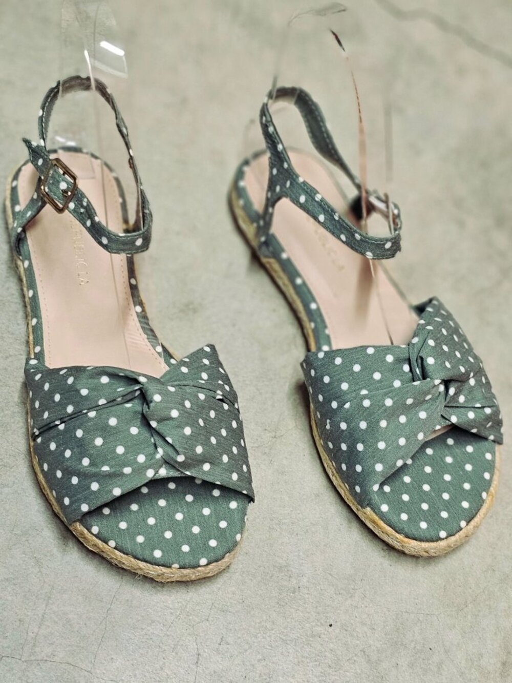 Polka Dot Espadrille Flat Sandals With Knot Detail & Adjustable Ankle Strap